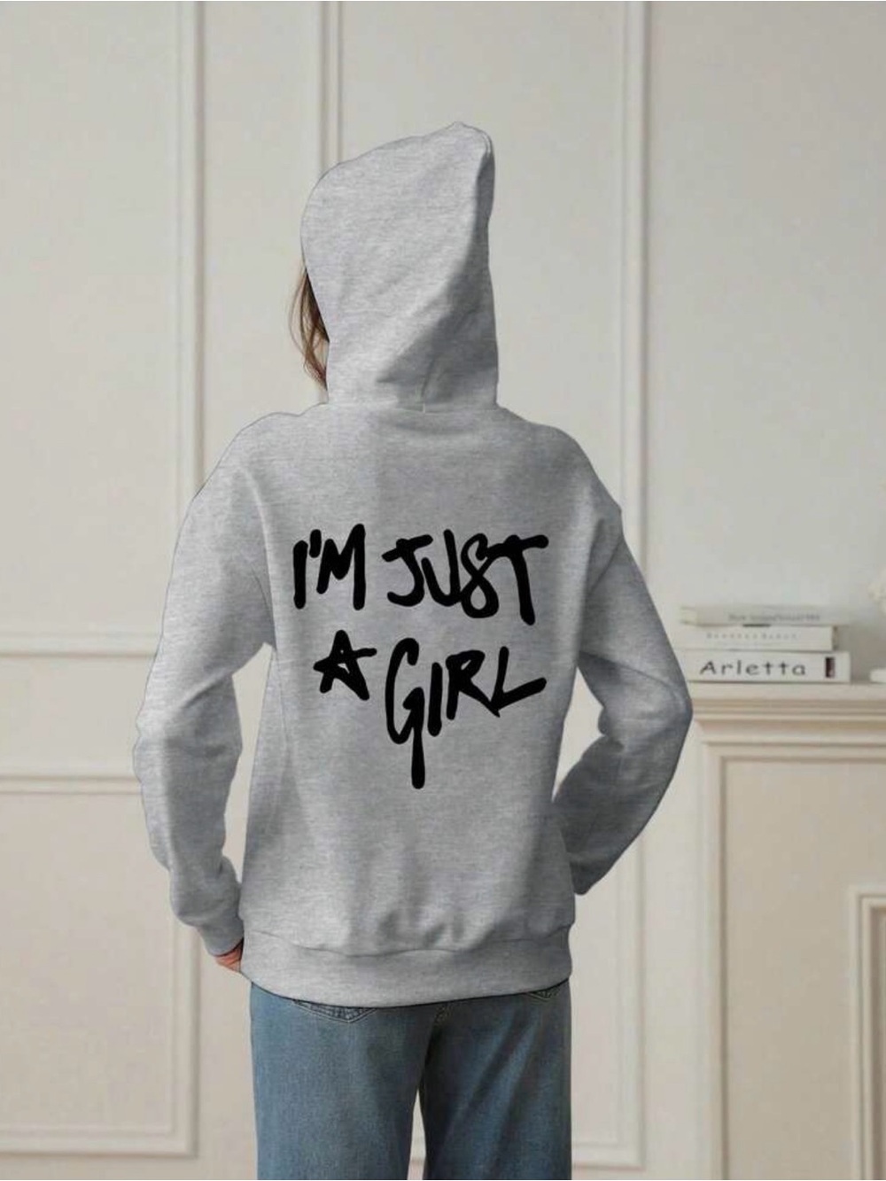 EUC Large Gray Casual Hoodie “I’m Just A Girl” Print Thermal Lined Sweater Warm